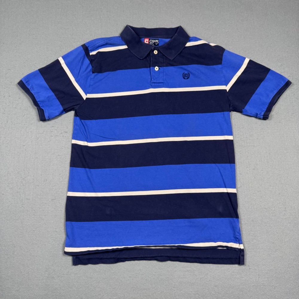 Chaps Polo Shirt Boys XL 18-20 Blue Navy White Striped Cotton Short Sleeve Logo